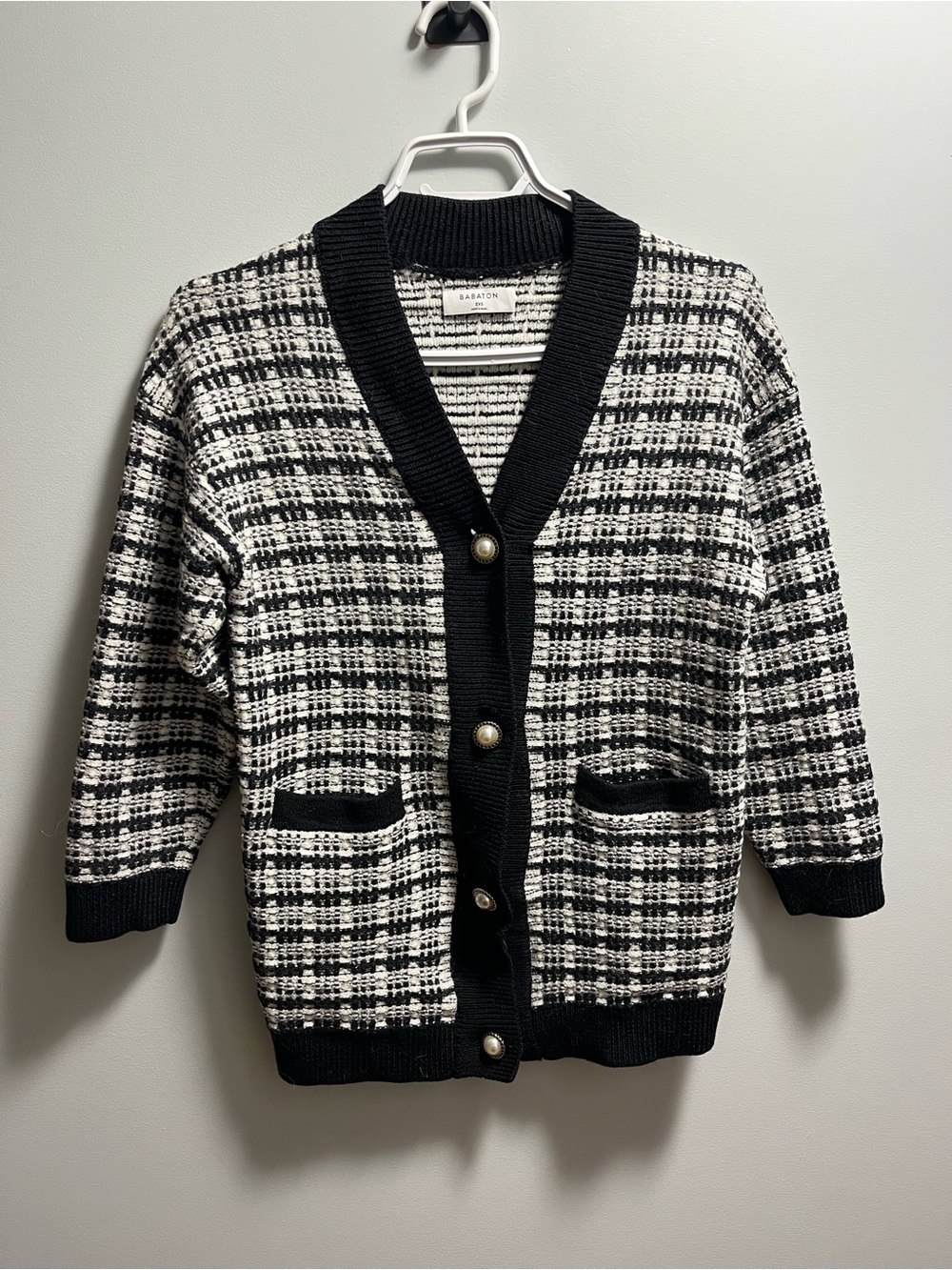 Babaton Black and White Plaid Knit Cardigan with Pearl Buttons